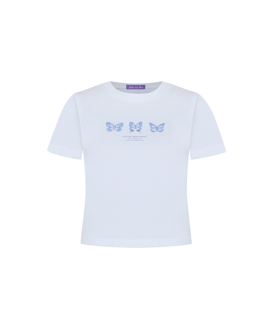 Triple Butterfly Crop Short Sleeve T-shirts ( White &amp; Blue )