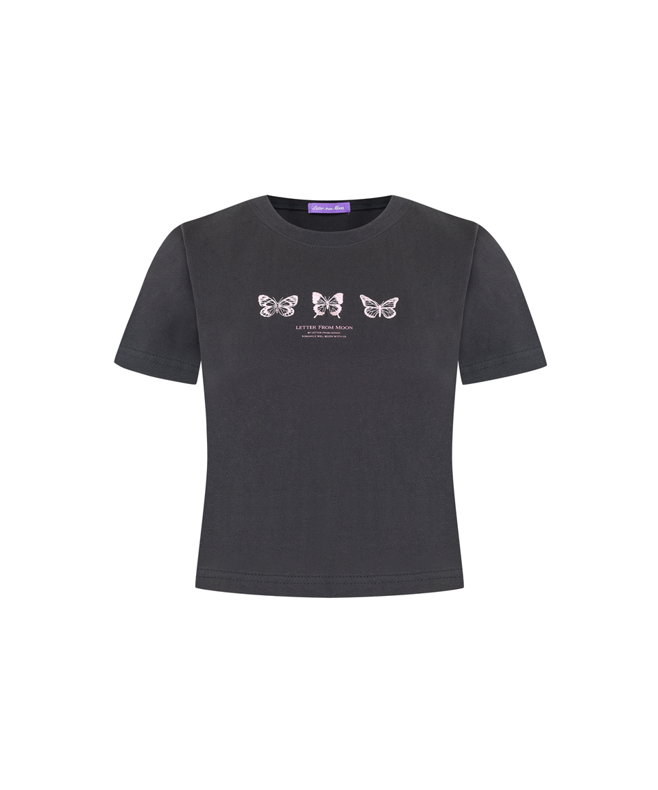 Triple Butterfly Crop Short Sleeve T-shirts ( Charcoal )