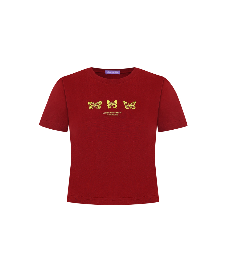 Triple Butterfly Crop Short Sleeve T-shirts ( Burgundy )