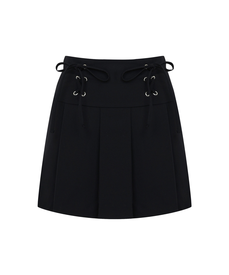 Eyelet Ribbon Pleats Skirt ( Black )