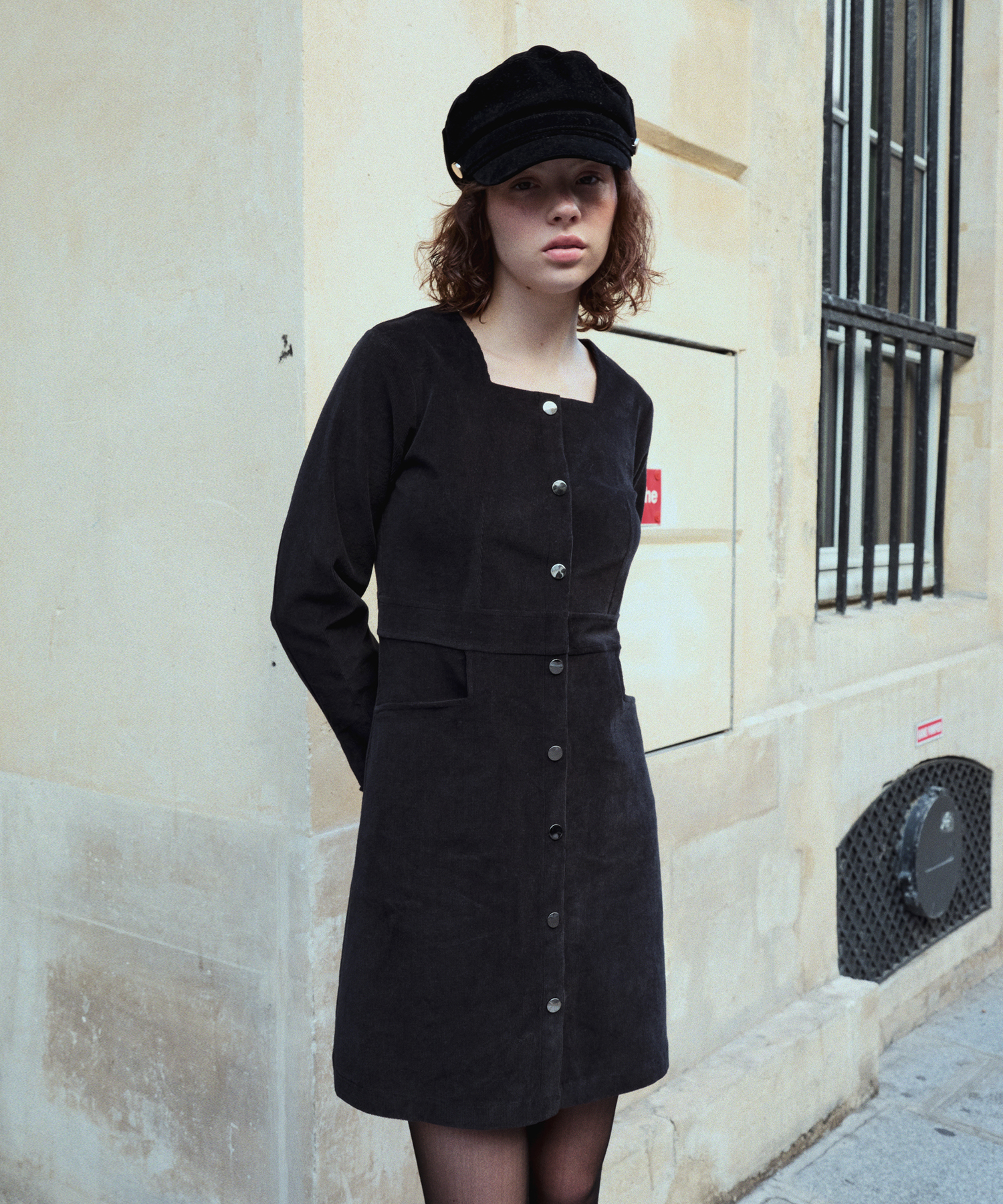 Corduroy Square-neck Mini Dress ( Black )