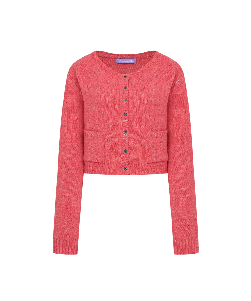 Hairy Boat-neck Crop Wool Cardigan ( Coral Pink )