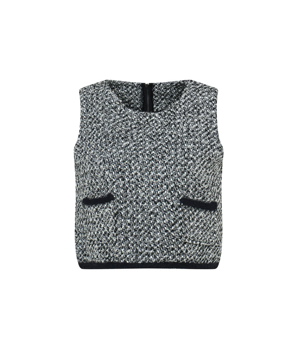 Formal Pocket Tweed Vest ( Black )