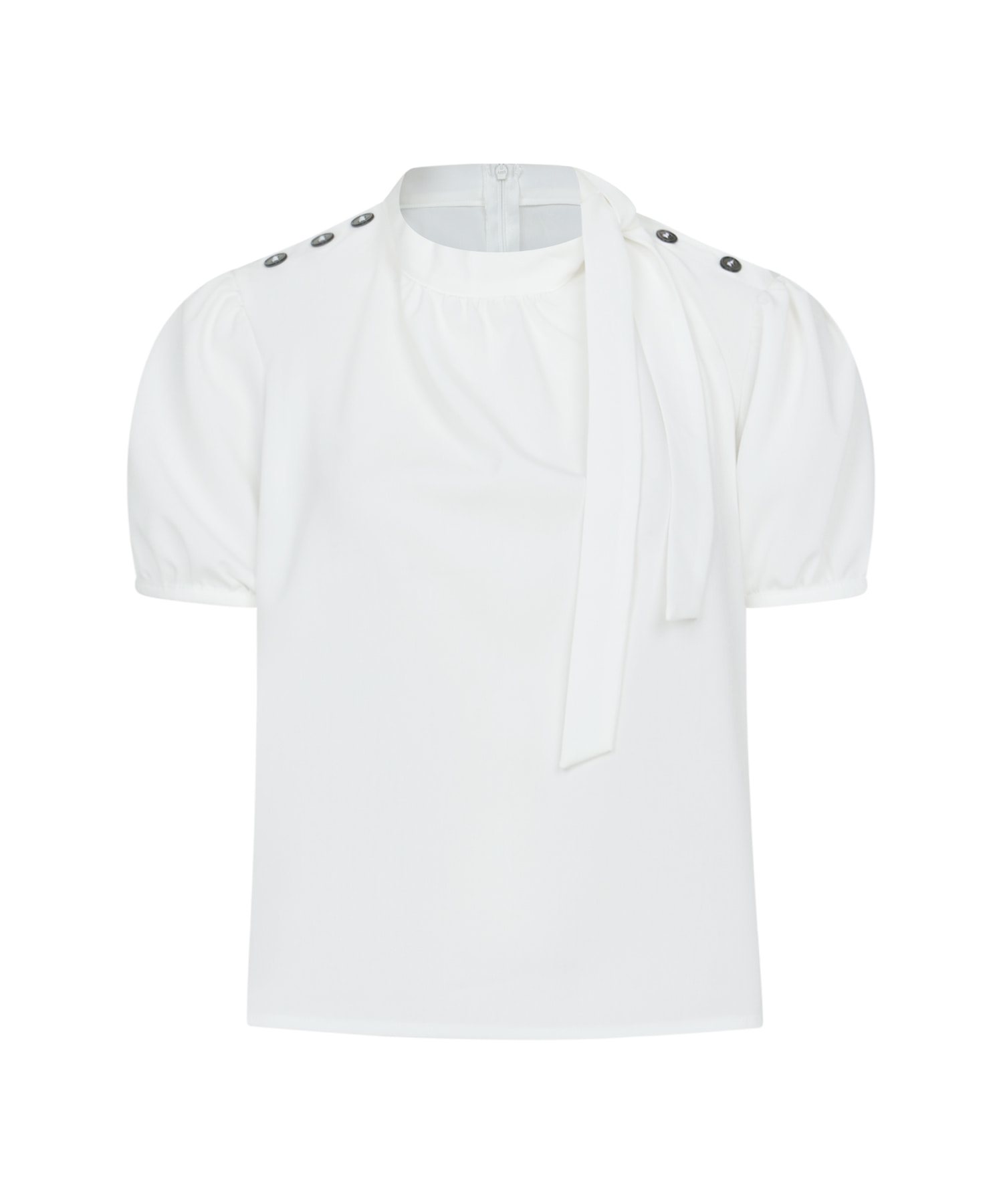 Triple Button Tie Short-Sleeved Blouse ( White )