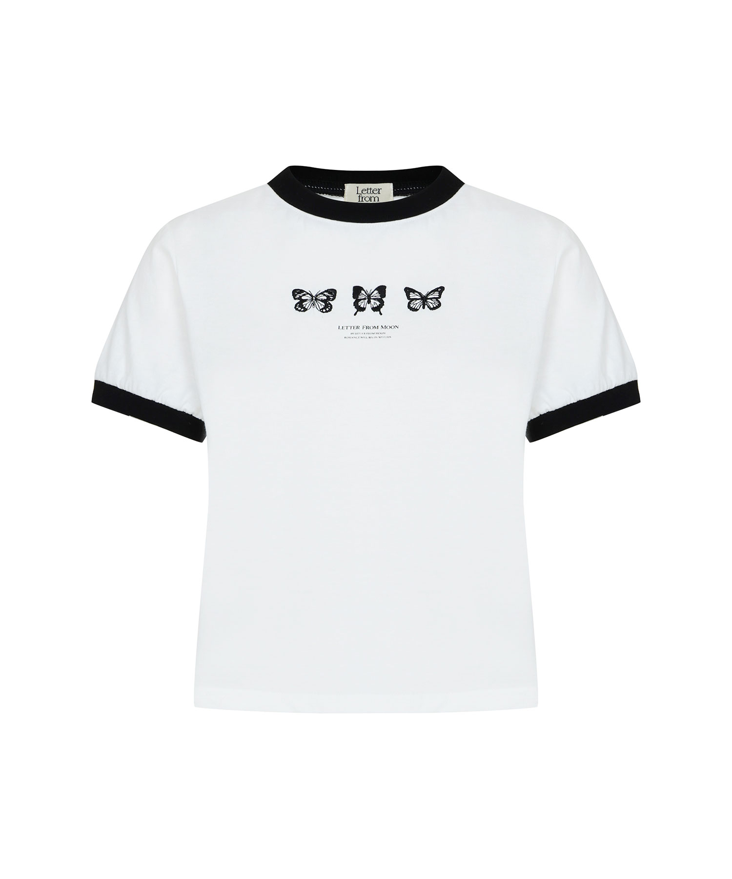 [5월 8일 예약배송] Triple Butterfly Embroidery Ringer Crop T-Shirt ( Ivory )