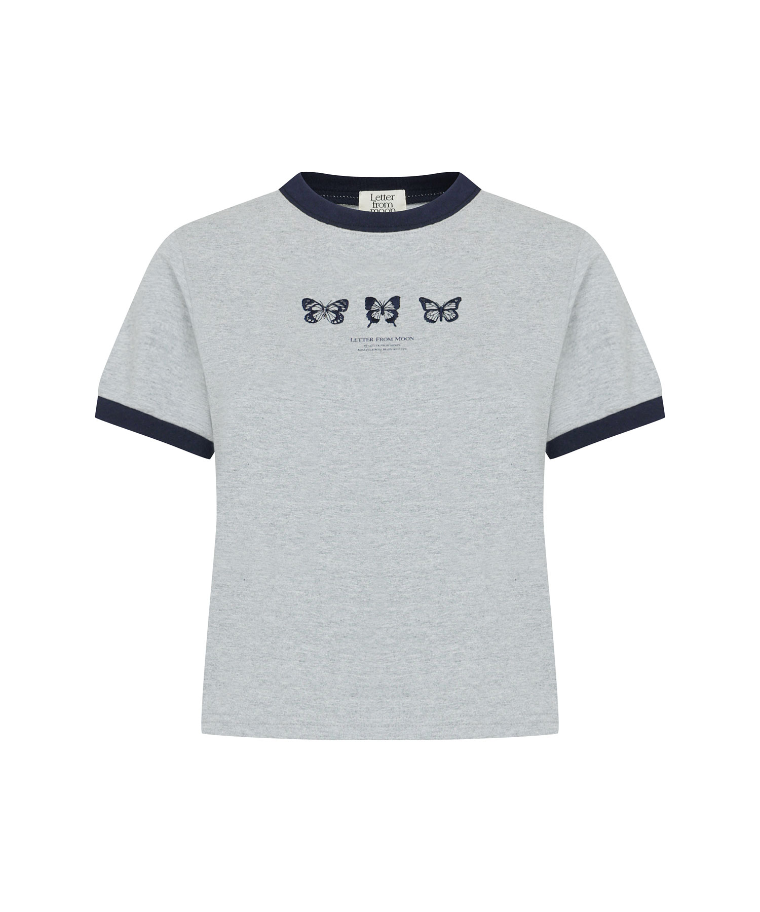 [5월 8일 예약배송] Triple Butterfly Embroidery Ringer Crop T-Shirt ( Grey )