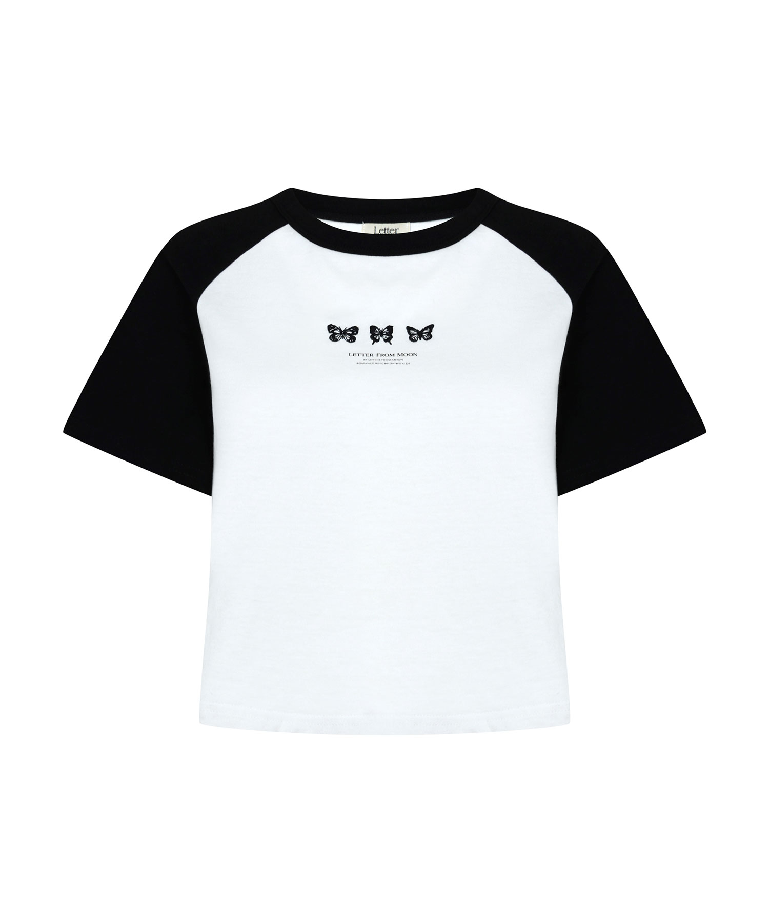 [5월 8일 예약배송] Triple Butterfly Embroidery Raglan Crop T-Shirt ( White )